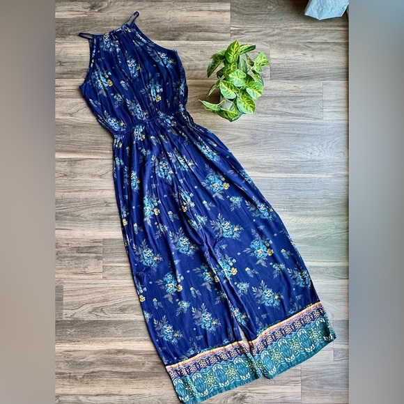 Mudd Boho-Inspired Navy Floral Wide-Leg Halter Jumpsuit – Size XS - Picture 9 of 9